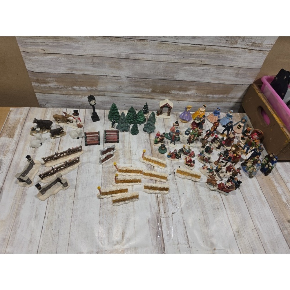 Christmas Village Accessories Lot Santa Carolers Trees Fences Nativity Figurines